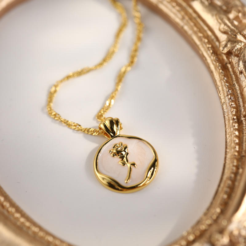 Rose Enamelled Pendant With Trited Style Chain Necklace